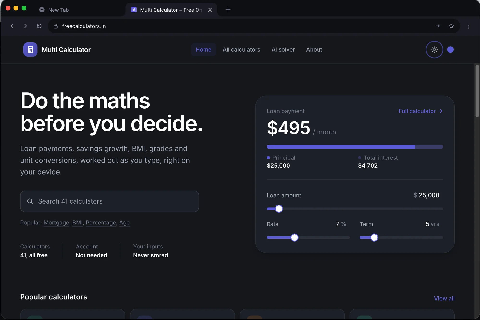 Lumina in dark theme showing a calculator website