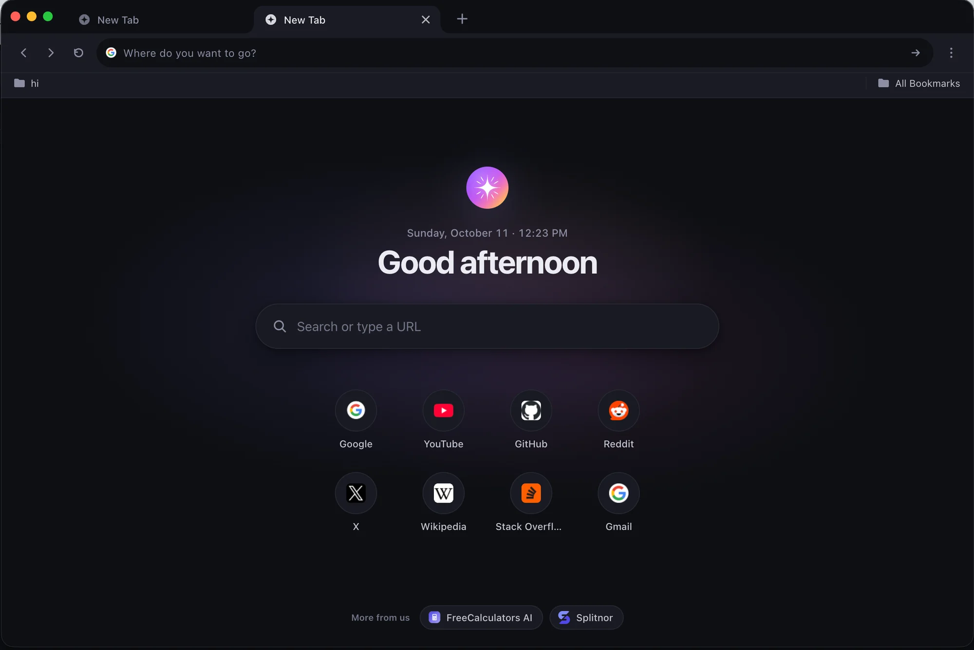 Lumina's new tab page in dark theme, with a greeting, a search field and shortcuts to frequently visited sites
